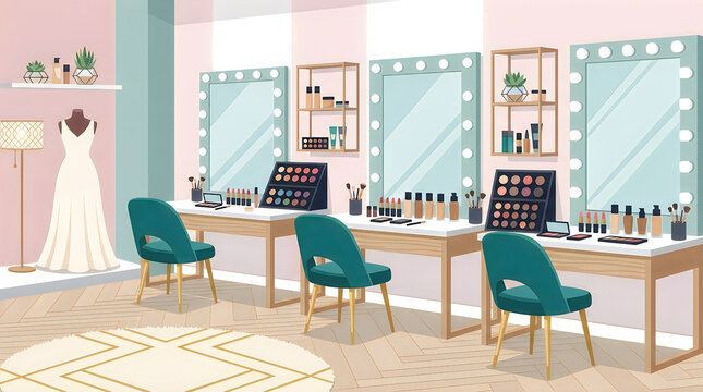 Beauty salon interior with makeup vanity tables, mirrors with lights, and wedding dress vector illustration