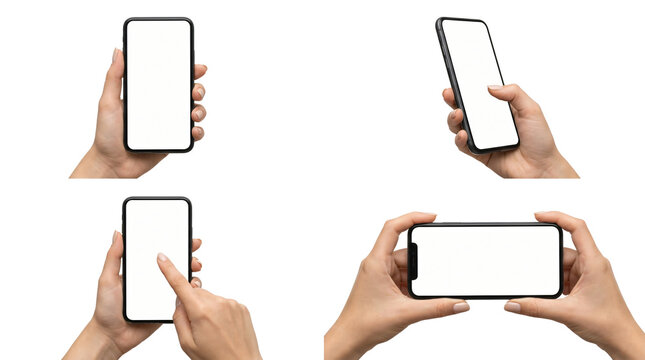 Human hands holding modern smartphones with blank white screens featuring various angles and different orientations isolated on transparent background