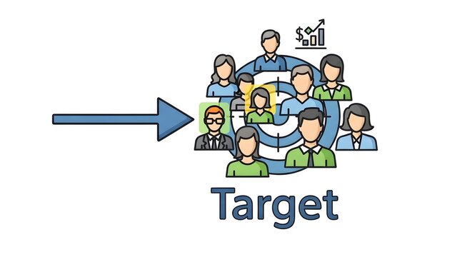 Marketing concept featuring target symbol with blue arrow pointing towards diverse group of professional people icon set illustrating focused audience outreach and customer acquisition strategy.