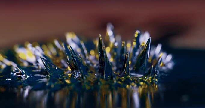 Tiny metal particles near a magnet react in fascinating ways, creating stunning motion graphics and captivating abstract visuals against a glossy black background that draw viewers in