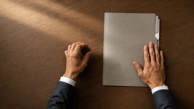 Businessman closing confidential folder with golden seal on wooden table in office