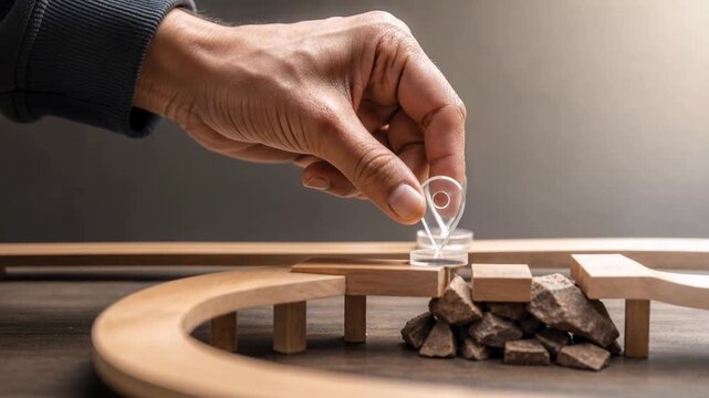 Hand placing location marker on wooden bridge model over rocks representing navigation and travel concept
