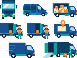 Fototapeta premium An assortment of delivery vehicle icons and illustrations showcasing various transport methods and logistics, emphasizing efficiency and reliability in the delivery industry.
