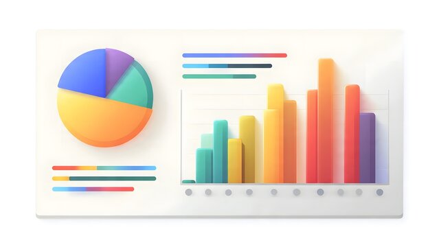 3D render of digital analytics dashboard featuring colorful pie chart and bar graphs with progress bars, highlighting data visualization and business performance metrics.