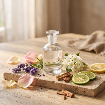 Spa Still Life with Essential Oil Bottles, Lavender Flowers, Bath Salt and Natural Aromatherapy Products for Wellness and Relaxation