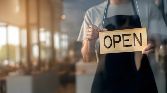 Small business owner holding Open sign at shop entrance.