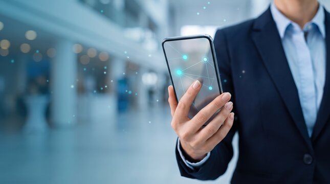 Business woman using smartphone with holographic cloud sync icon, mobile data synchronization technology, wireless internet connectivity and file sharing visualization for remote