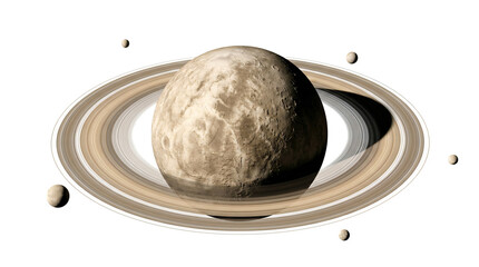 Saturn like giant planet featuring detailed craters and textured dusty rings surrounded by multiple orbiting rocky moon satellites on transparent background © Hossain
