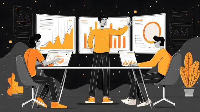 Team collaborates on financial charts and graphs during a business meeting analyzing data and presenting growth strategies on screens.