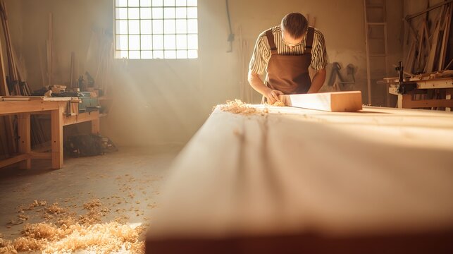 Carpenter working on long wooden plank in sunlit woodworking workshop.