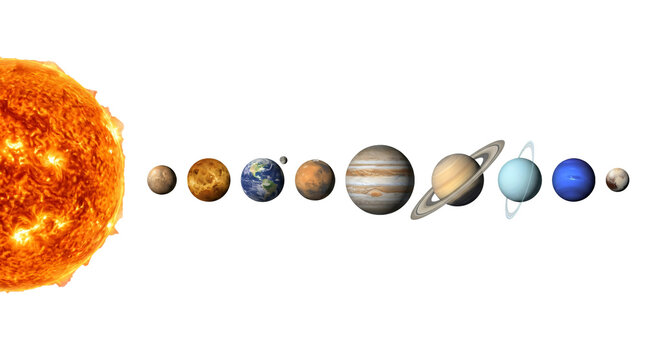 Glowing sun and all eight planets of the solar system aligned in a horizontal row displayed on transparent background