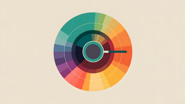 Minimalist color wheel diagram with various shades and flat design aesthetic on beige background depicts color theory palette selection graphic design elements and creative artistry project.