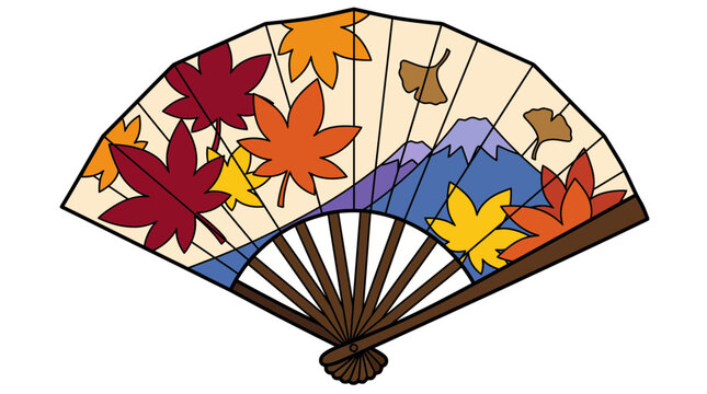 Japanese Fan with Mt Fuji and Autumn Leaves Illustration