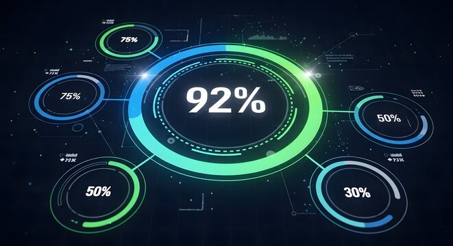 Abstract digital percentage infographic showing 92 percent central value connected to various circular progress bars and statistics in dark blue futuristic glowing high tech environment theme.