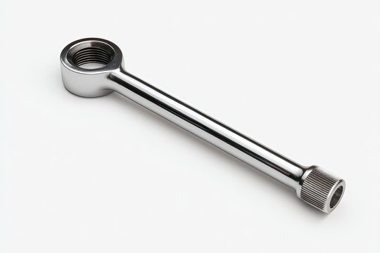 A close-up, top-down view of a single, chrome-plated wrench. The tool is presented in a clean, minimalist style, highlighting its metallic texture and industrial design.