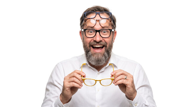 Bearded Man Wearing Multiple Glasses Looking Surprised Isolated on White