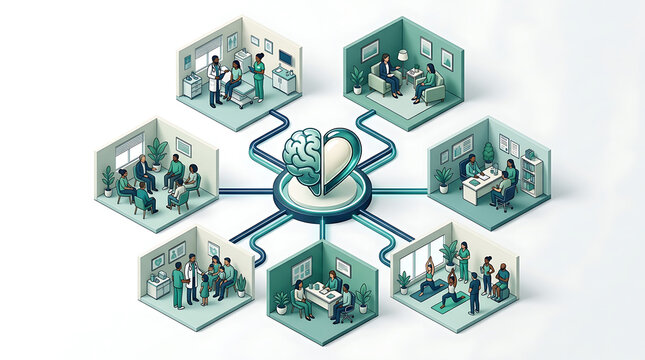 Isometric brain network connecting to specialized mental health therapy clinics