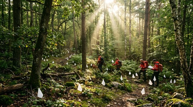 Rescue team search and survey mission in a sunny forest with trail markers