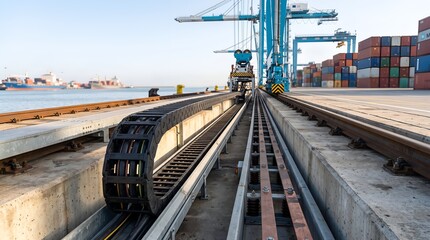 Naklejka premium Modern industrial port terminal with heavy crane rails and cable carrier tracks