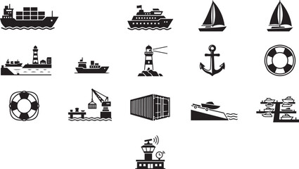 Naklejka premium Maritime icons collection displaying cargo ships, cruise liners, sailboats, lighthouses, anchors, and lifebuoys in solid black silhouette style.