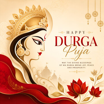 Happy durga puja greeting card design with goddess face and lotus flowers