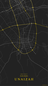 Elegant dark and gold street map of Unaizah in the Al-Qassim region of Saudi Arabia, featuring its central ring road system, highway connections, street grid, and geographic coordinates.