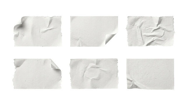 White wrinkled paper stickers with ripped edges and curled corners presented as a collection of various textures on transparent background