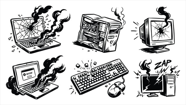 Broken Computer and Smoking Laptop Malfunction Vector Illustration Set..