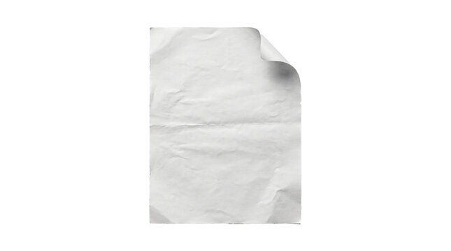 Crumpled white paper sheet with curled corner and realistic rough texture isolated as a blank document template on transparent background