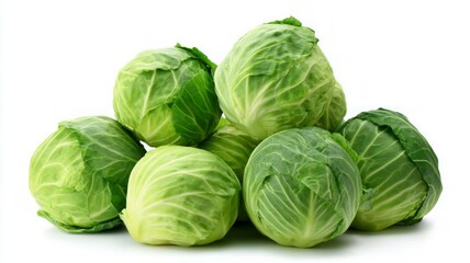 Obraz premium Vibrant green cabbages on white background. Artificial intelligence image