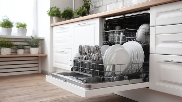 Open dishwasher showing neatly arranged dishes in kitchen. Artificial intelligence image
