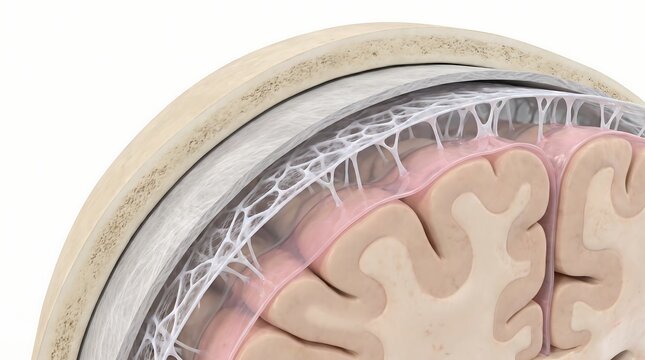 Detailed cross section of human brain meninges and skull bone structure with cerebrum