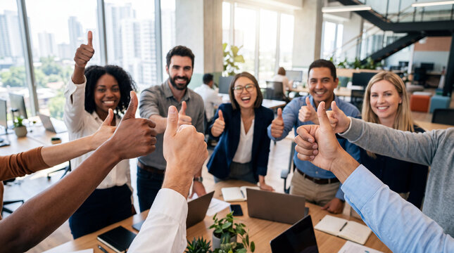 Diverse group of happy coworkers giving thumbs up together in a modern office.