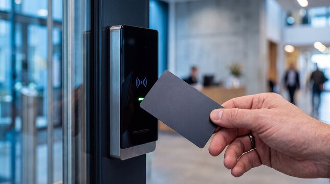 Hand holding contactless keycard to unlock modern electronic access control system reader at contemporary office entrance lobby.