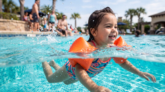 Happy child swimming in a resort pool wearing orange flotation armbands on a sunny summer day.
