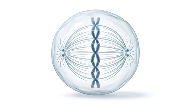 Detailed cellular division mitosis process with chromosomes inside spherical cell