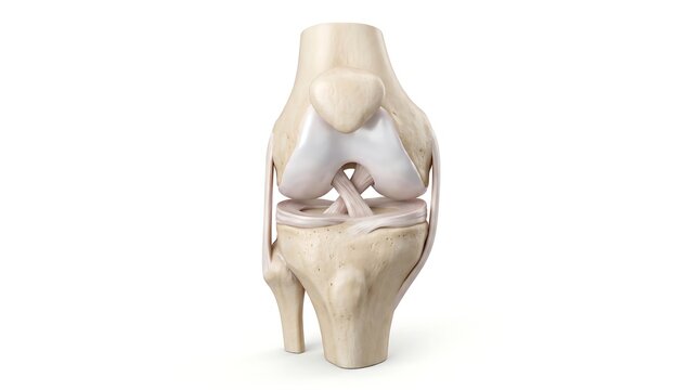 Detailed medical illustration of human knee joint anatomy with bones and cartilage