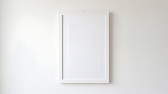 A minimalist white rectangular picture frame with a mat, hanging vertically on a clean, plain white wall, ready for artwork or photo display.