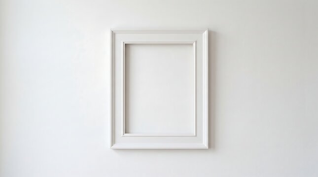 Empty white picture frame hanging on a minimalist white wall, ready for a new artwork or photograph.
