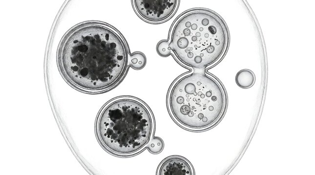 Microscopic view of cell division and budding process in black and white