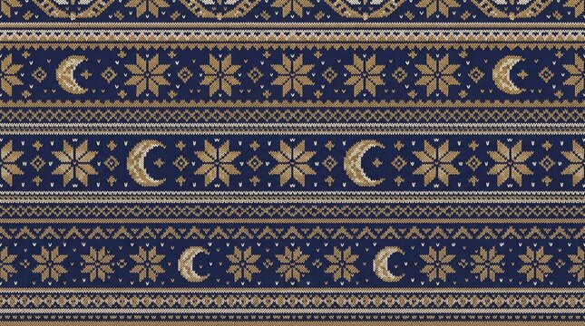Christmas Fair Isle textile pattern with gold stars and moons on dark blue background