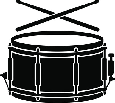 Black silhouette icon of a snare drum with crossed drumsticks a minimalist vector design element for music applications logos and entertainment branding