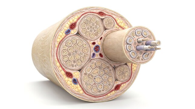 Cross section of a human nerve fiber showing axon bundle and myelin sheath