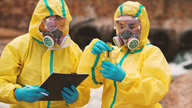 Environmental workers reviewing inspection data on clipboard near polluted water, wastewater monitoring, contamination analysis, water quality assessment, hazardous fieldwork.