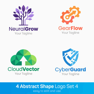 A collection of four abstract logos showcasing various shapes and colors, ideal for branding and graphic designs needing modern and versatile elements.
