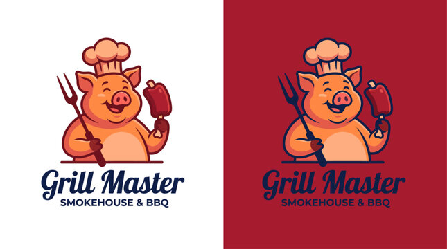 This whimsical grill master logo features a happy cartoon pig chef holding a spatula and meat, perfect for BBQ restaurants, food trucks, and culinary brands.