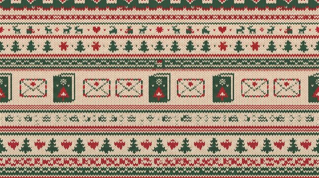 Christmas Fair Isle knitted textile pattern with festive holiday icons and winter motifs