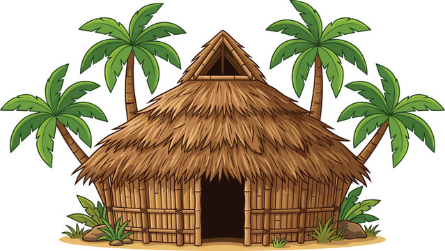Tropical Beach Hut Vector Illustration with Thatched Roof Bamboo Walls and Green Palm Trees Isolated on a White Background