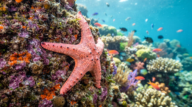 Estrella de mar rosa adherida a una roca marina rodeada de corales coloridos y peces tropicales en aguas cristalinas.