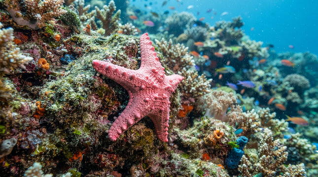 Estrella de mar rosa adherida a una roca marina rodeada de corales coloridos y peces tropicales en aguas cristalinas.